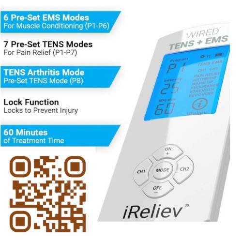 iReliev TENS and EMS Unit with QR code for pain and recovery